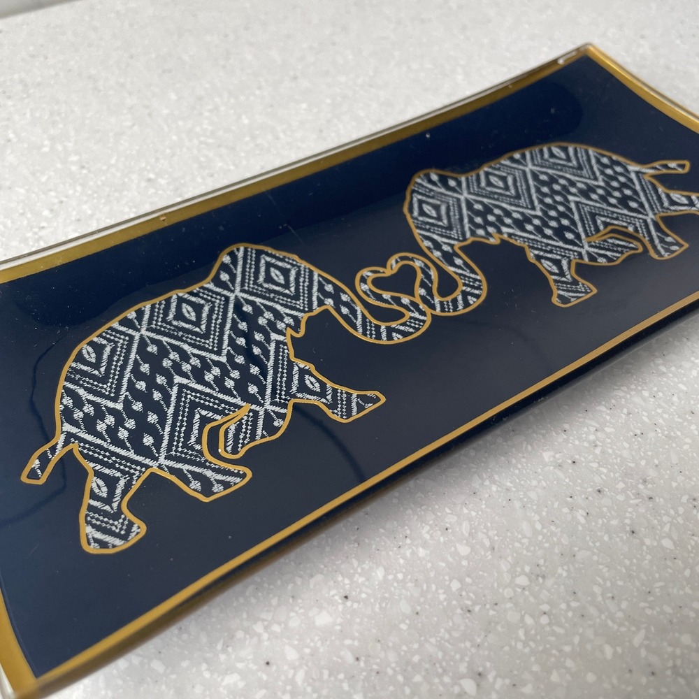 Elephant Heart Navy Blue Glass Trinket Dish Gold Trim Rectangular Tray Boho Love